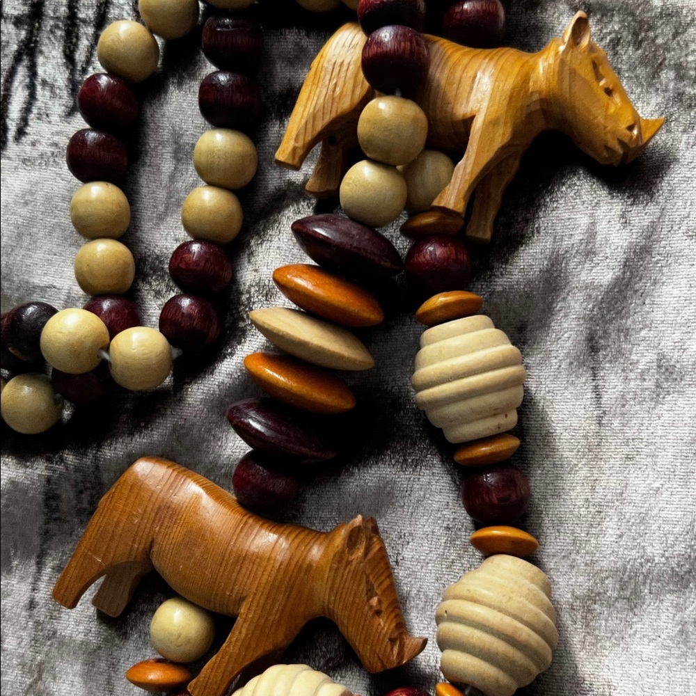 Wooden Beads & Rhino 20” Necklace
